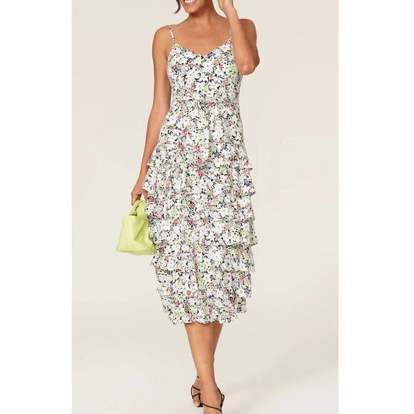 Likely Midi Dress Ariella Pink Floral Print Belted Ruffle Skirt New - Picture 2 of 13